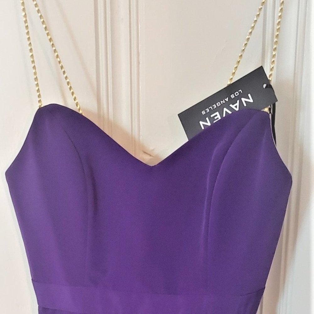 NWT Naven 100% Silk Purple Mini Dress with Mini Pleats Solid Gold Braided Straps